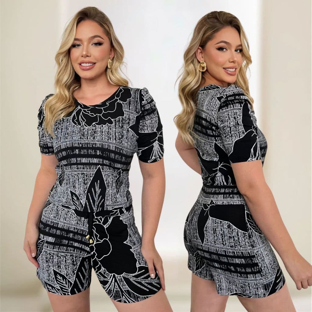 Conjunto Feminino Short e Blusa Estampado Viscolycra Casual Verão Confortável Malha Fria