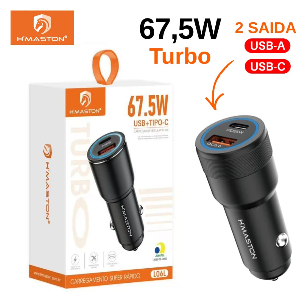 Carregador Veicular Turbo H’Maston LO7 67,5W 2 Saidas USB-C 45W e USB-A 22,5W 12V a 24V Carros e Caminhões
