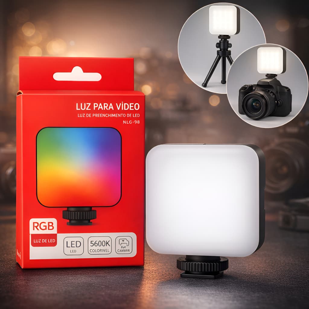 Luz LED RGB para Vídeo e Foto Recarregável Iluminação Profissional para Celular e Câmera 127/220