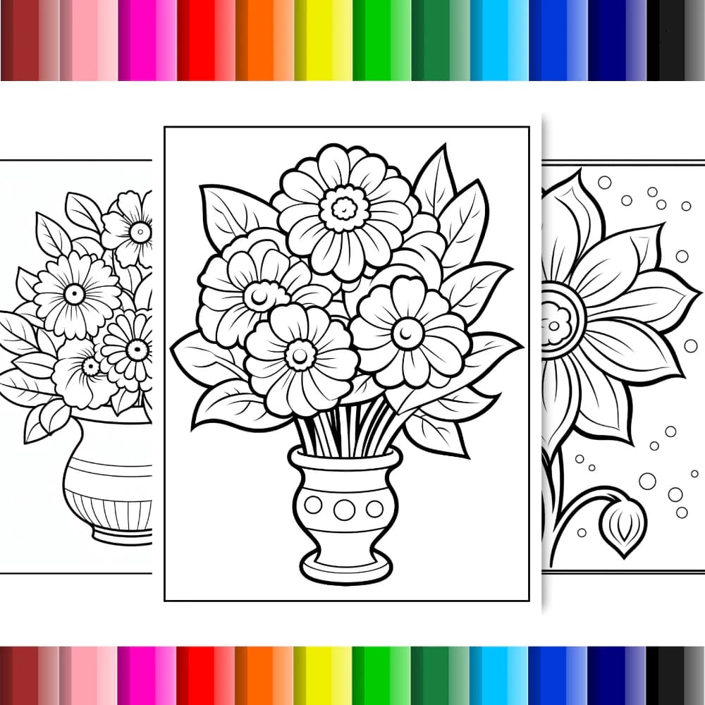 Kit de 80 Desenhos Para Colorir de Flores e Vasos - Folhas soltas A4
