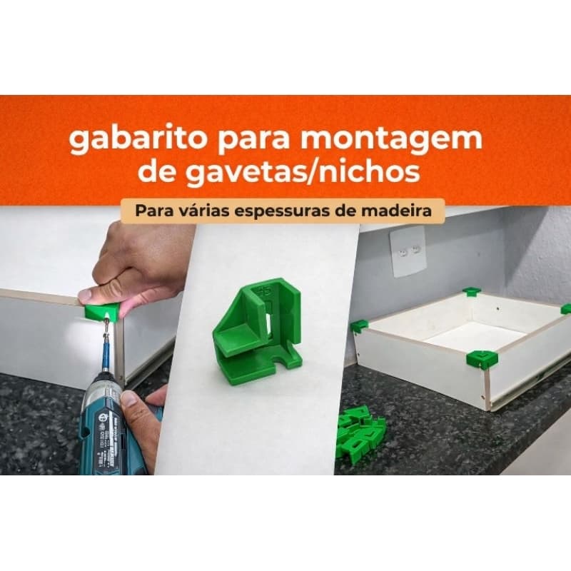 Gabarito 90 Graus Montagem Gavetas Nichos Plástico Verde Alinhador Marcenaria Kit 4 6 8 12 MDF15mm