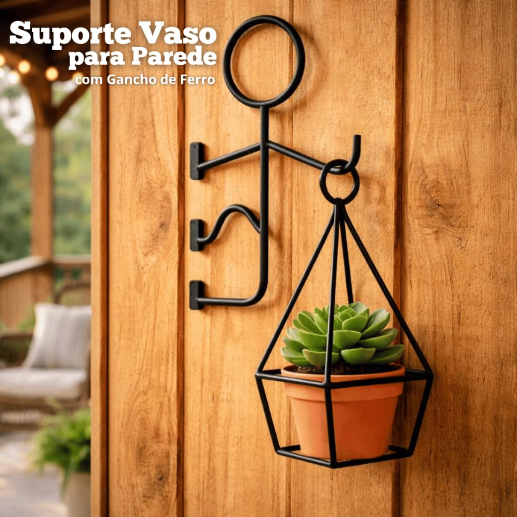 Suporte Vaso de Parede Em Ferro Preto Gancho Suspenso Boneco Porta Plantas Fácil Instalação 30x25cm