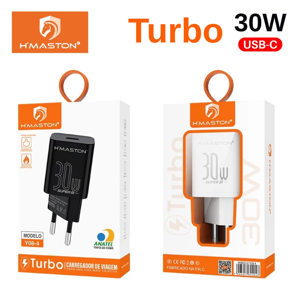 Carregador Turbo H'maston 30W Y08-4 Tipo-C Bivolt Android iPhone Suporta PD 3.0, QC 3.0