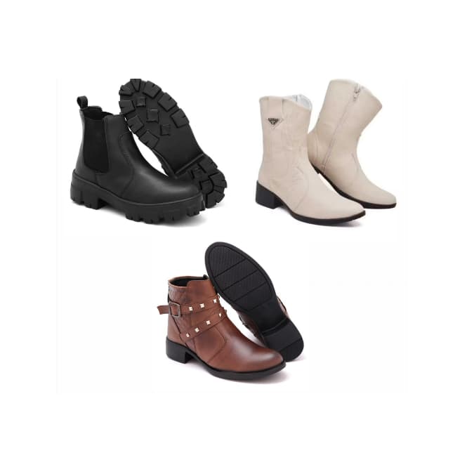 Bota texana feminina branca+ Bota feminina cano baixo marrom com fivelas+ bota feminina cano pequeno preta