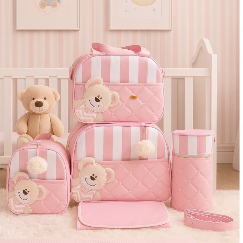 Bolsa Maternidade Menino Menina Urso 5 Peças Térmica Revestidas Luxo