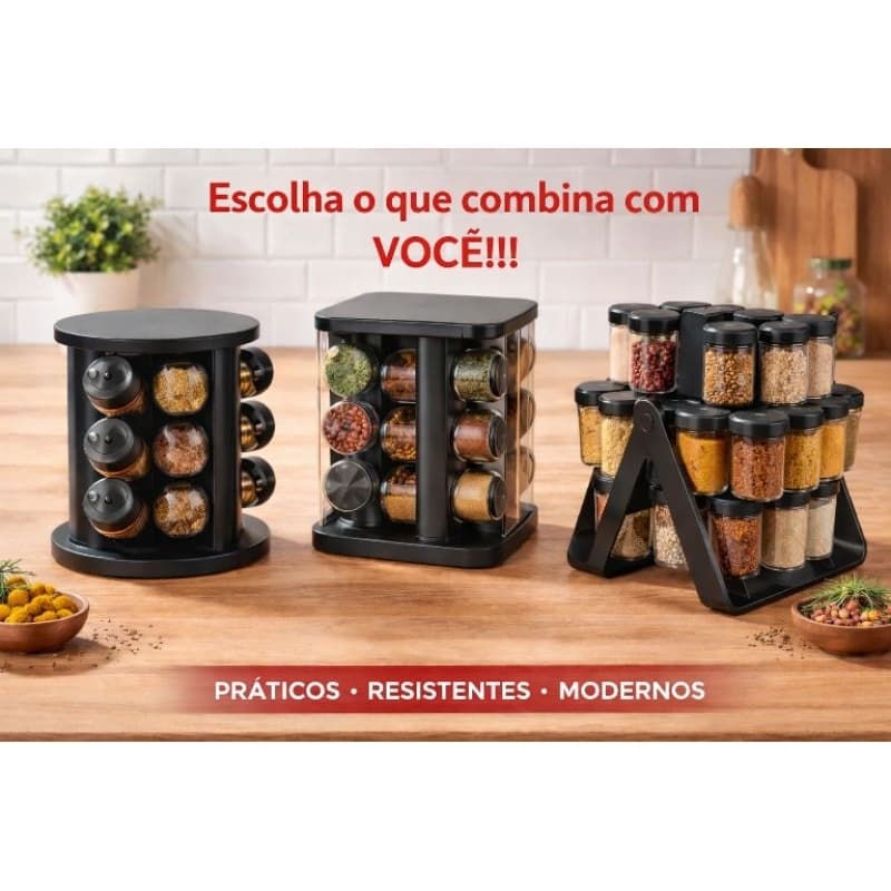 Porta Condimentos e temperos giratório potes de vidro a tampa dosadora preto...