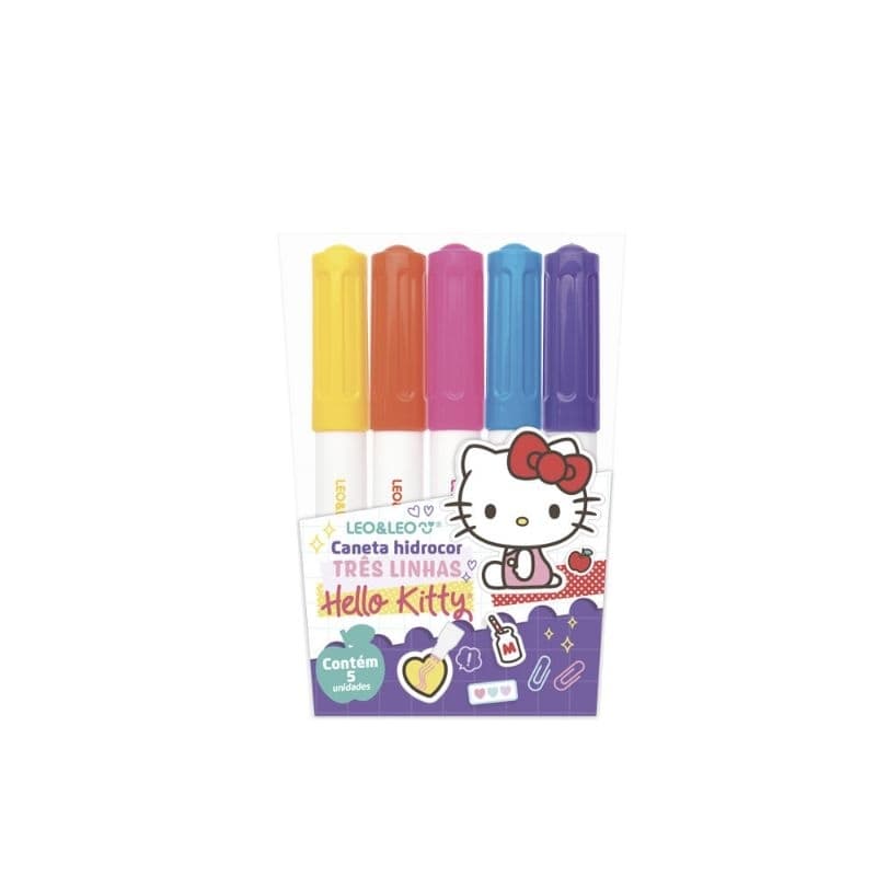 Canetas Hidrocor 3 Linhas Hello Kitty Estojo C/ 5 Cores Leo&Leo