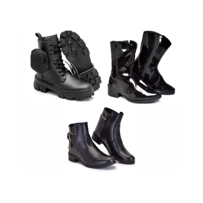 Bota texana feminina preta+ Bota feminina tratorado com bag lateral+ Botinha feminina cano baixo com zíper