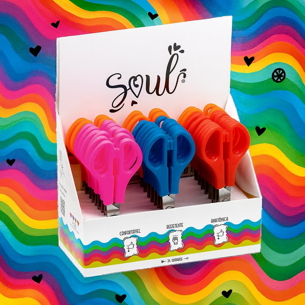 TESOURA ESCOLAR DE AÇO C/ RÉGUA 13CM NEON