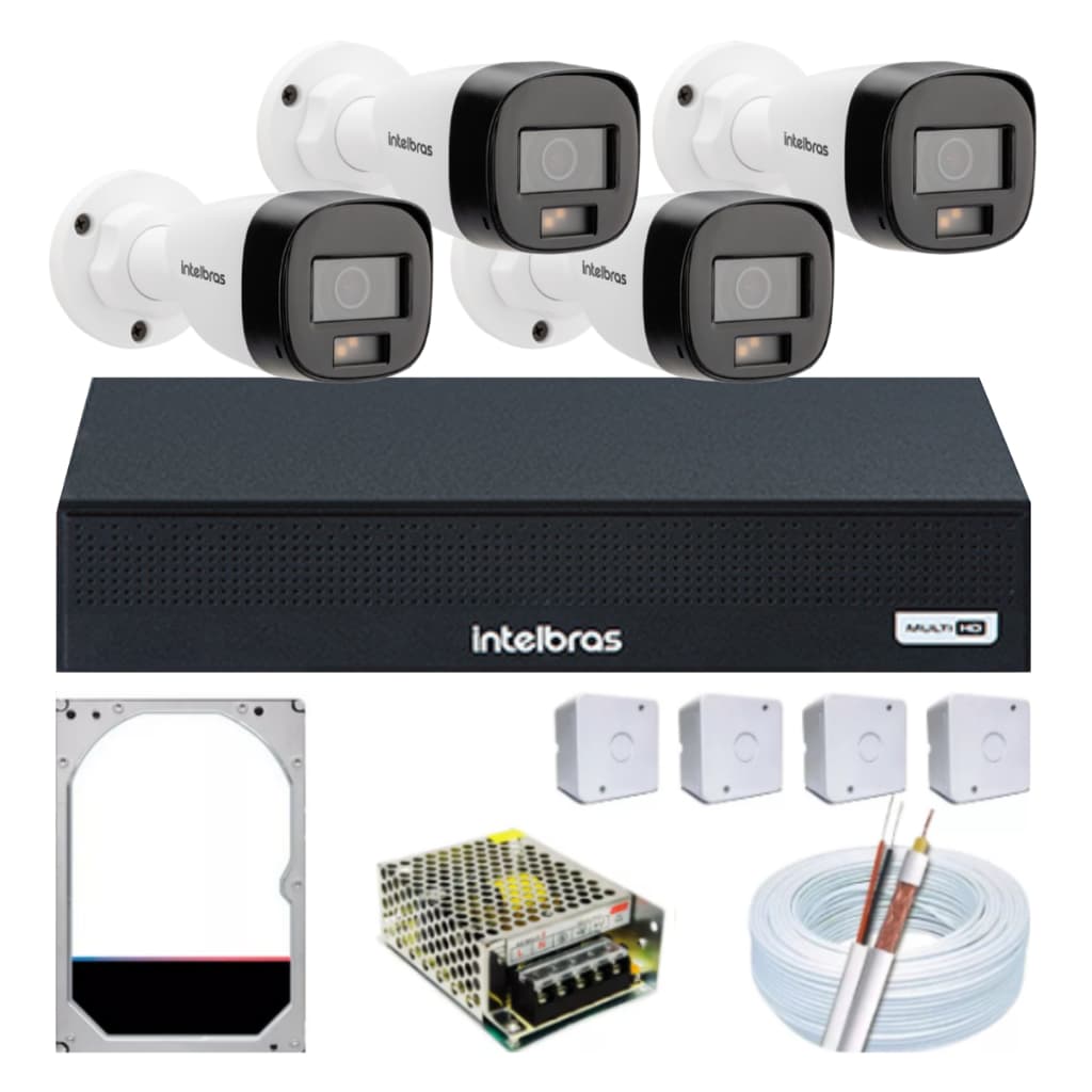 Kit 4 Cameras de segurança Intelbras Full Color Áudio Vhd 3220b Dvr 1208
