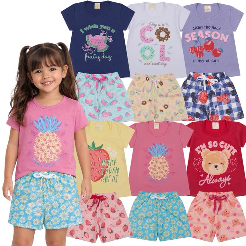 Kit Sortido 10 Peças de Roupas Infantil Menina - 5 Conjuntos 5 Blusas + 5 shorts Verão Feminino Bebê