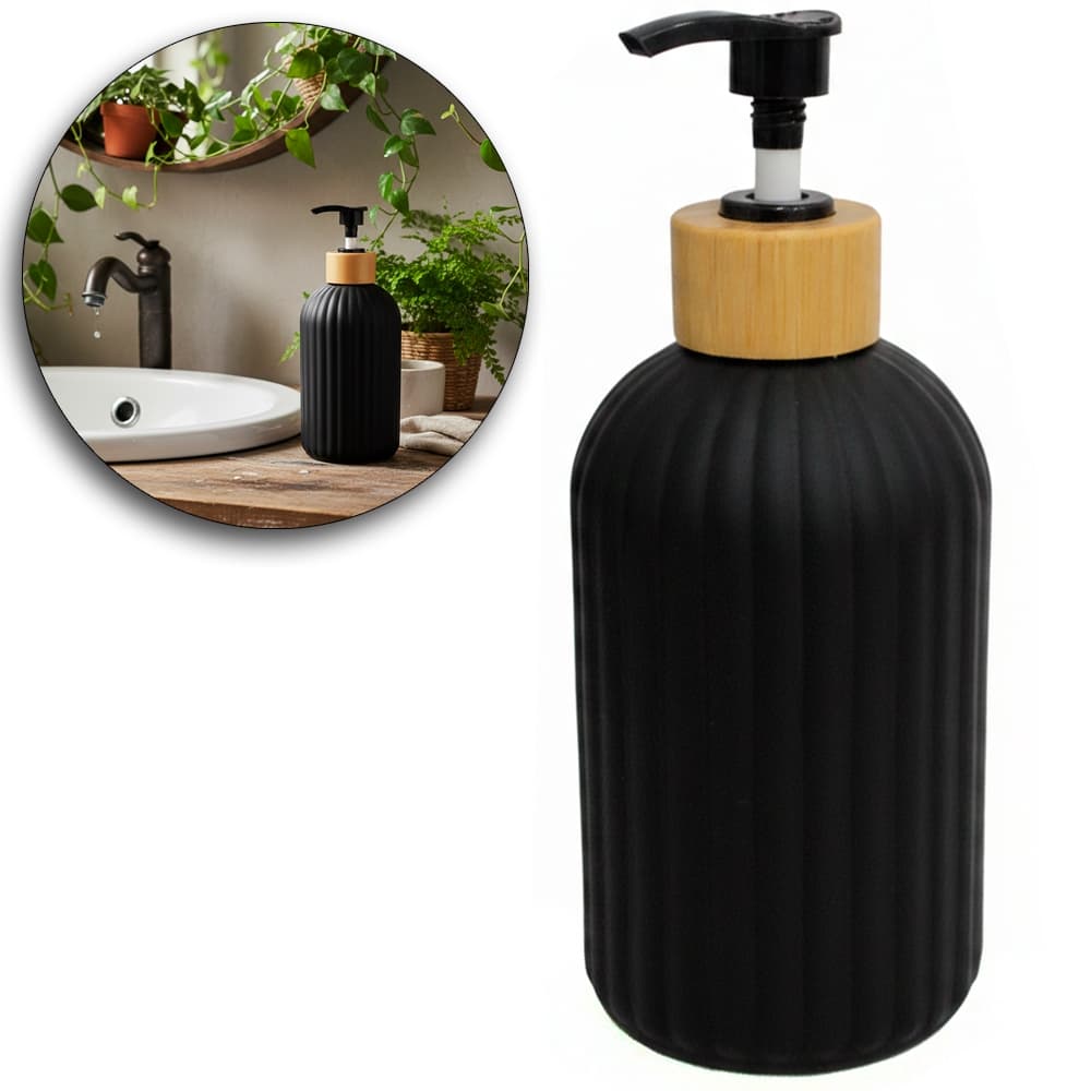 PORTA SABONETE LIQUIDO DE VIDRO REDONDO PRETO / BRANCO E GOLA DE BAMBU 400ML Código 4613008