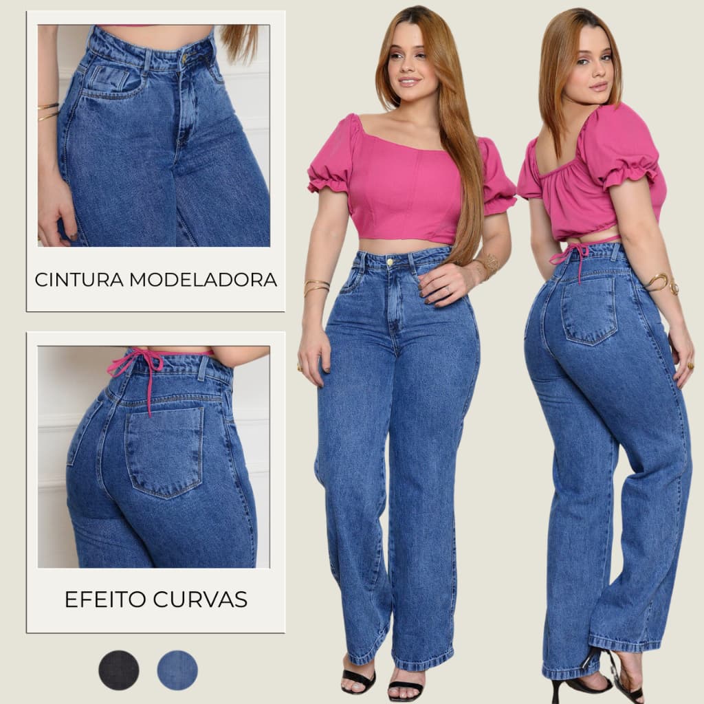 Calça Jeans Feminina Widi Leg 100% Algodão Confortável Cós Alto Levanta e Empina Bumbum