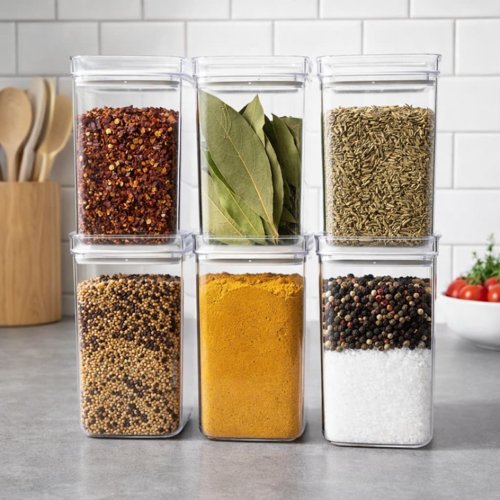 Conjunto 6 Potes 1,2 Litros Herméticos Acrílico Cristal Organizadores para Mantimentos Empilháveis Cozinha BPA FREE