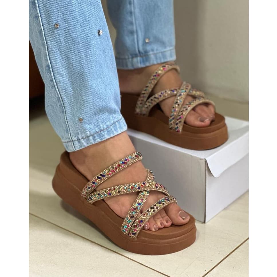sandália feminina papete plataforma alta birken alta brilho strass confortável luxo 040