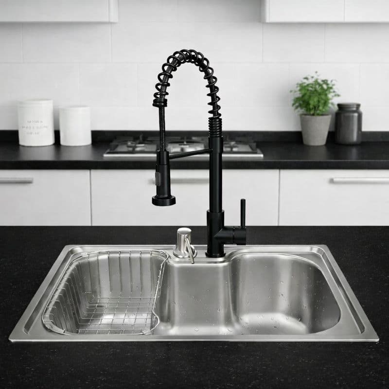 Kit Cuba Cozinha Gourmet Aço Inox 201 60x42 C/Acessorios + Torneira Gourmet Flexivel Spray Preta