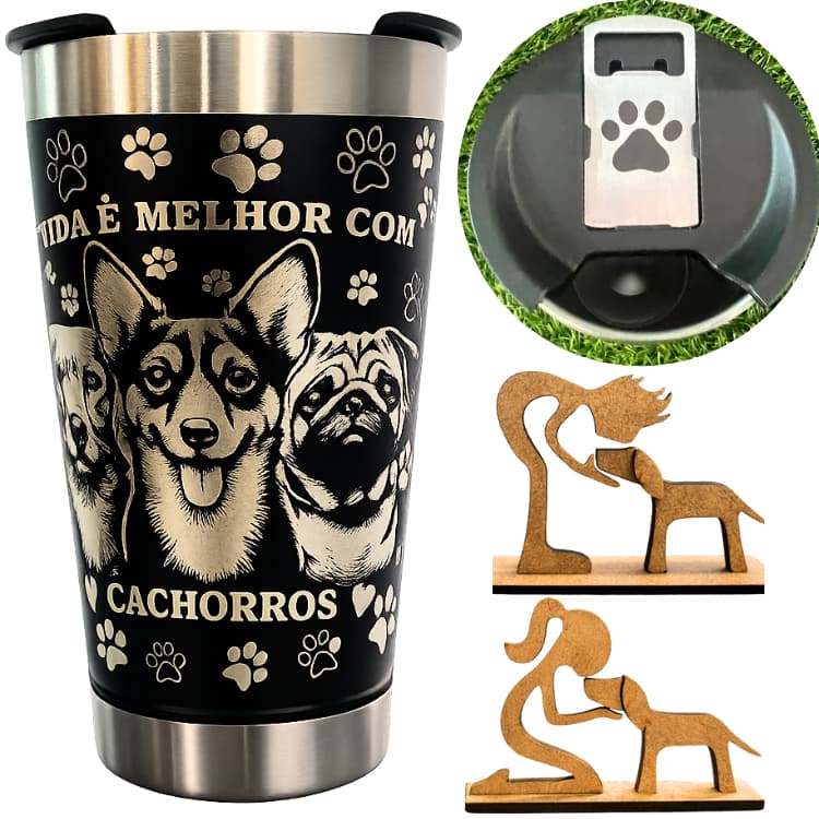 Copo Térmico Personalizado 360° Cachorros 500 ml Qualidade Premium +  2 Enfeites Mdf Cachorros