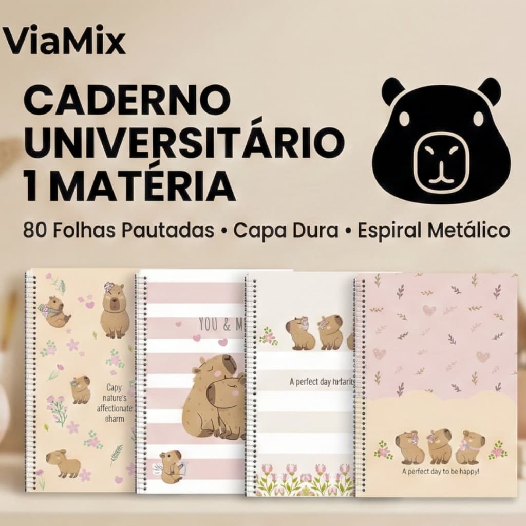 Caderno Escolar Universitário Espiral 1 Matéria Capivara | 80 Folhas – Sortido