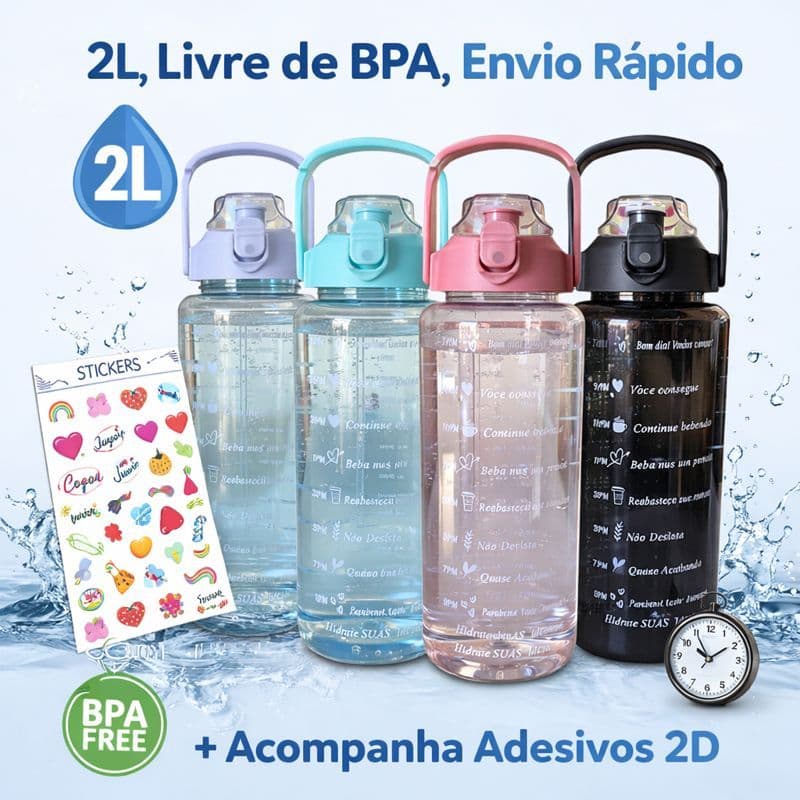 Garrafa de Água Squeeze 2 litros com Adesivos Grande Galão transparente canudo Academia Portugues