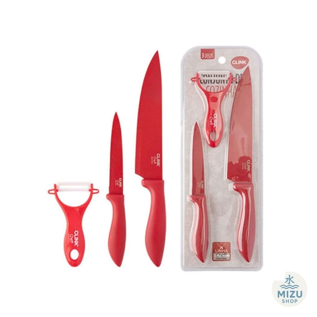 kit cozinha 3 peças(facas +descascador)Inóx plástico vermelho