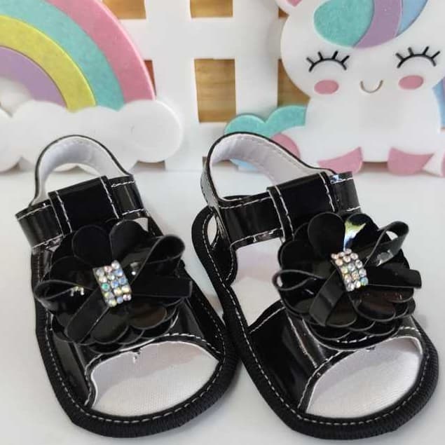 Sandália Para Menina  Luxo 0 a 12 Meses,Verniz Preta Com Flor, Laço e Strass