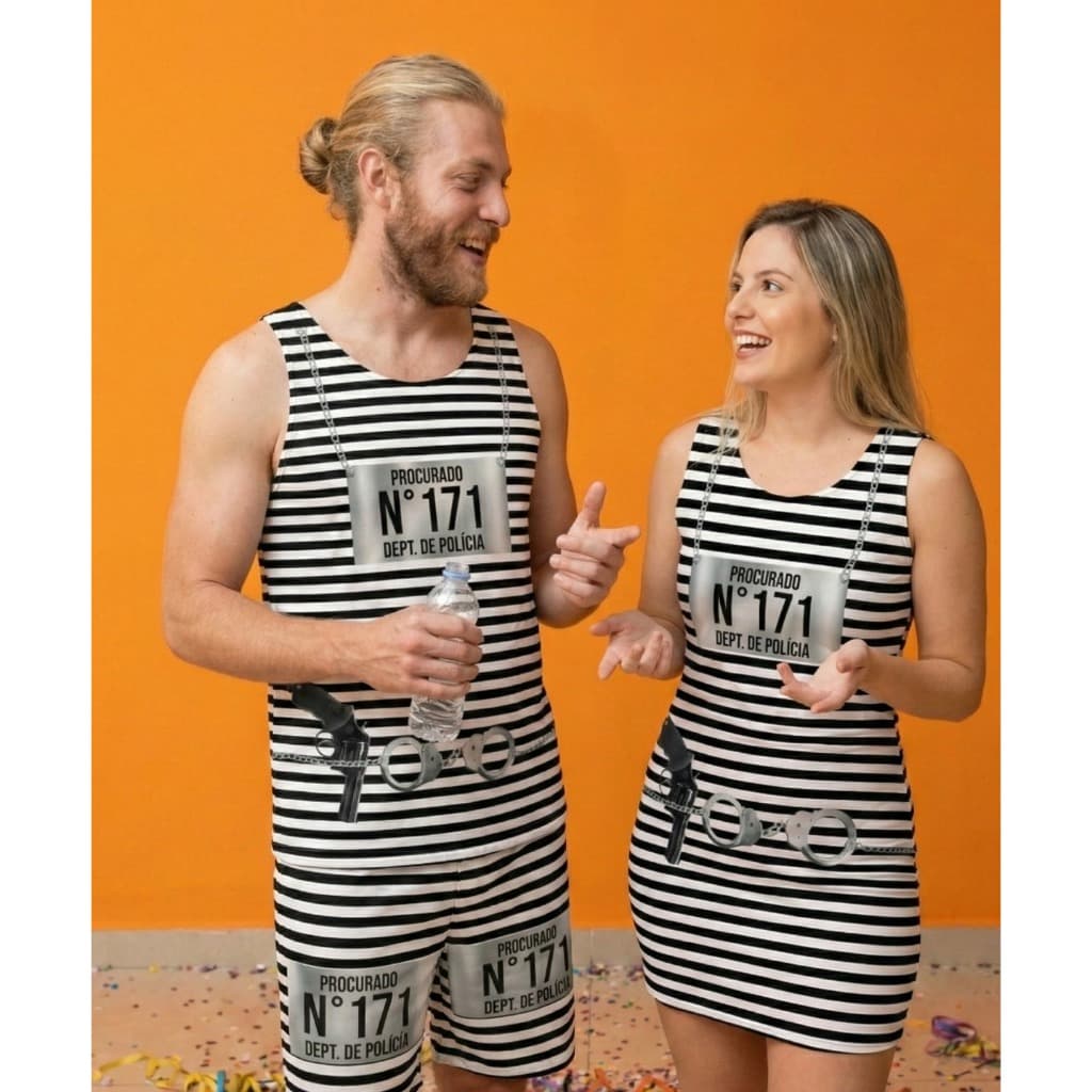 Fantasia Presidiário Regata + Vestido Adulto Casal Carnaval Festa Temática 171Carnaval Abadá