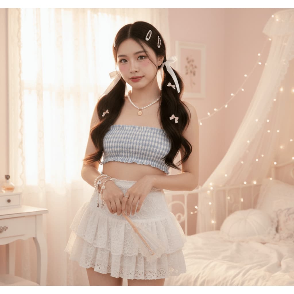 top cropped xadrez kawaii y2k coquette cottagecore soft babygirl romantico camponesa harajuku babado