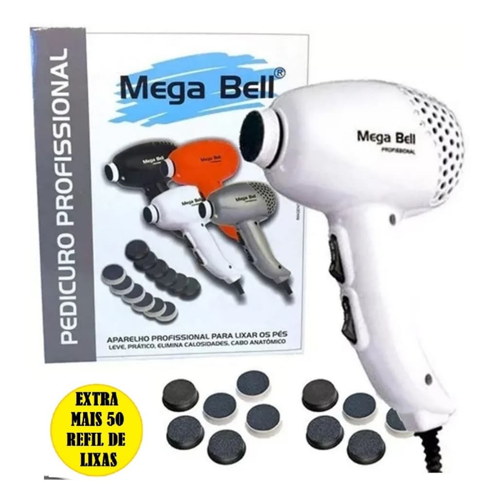 Pedicuro Elétrico Profissional Mega Bell Branco Com 12 Lixas - 110V Ou 220V + Brinde 50 lixas
