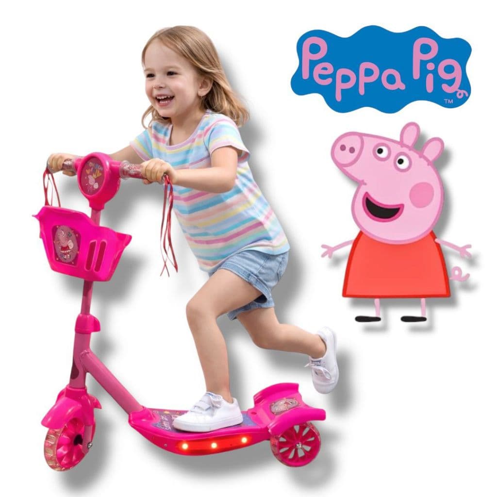 Patinete Peppa Pig Cestinha infantil 3 rodas Som e Luzes