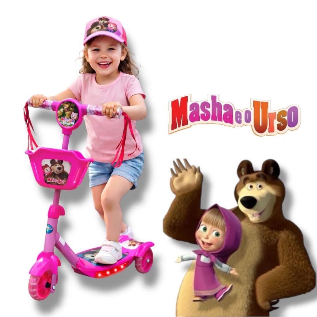Patinete Infantil Masha e o Urso Rosa 3 rodas Cestinha Luzes Musical
