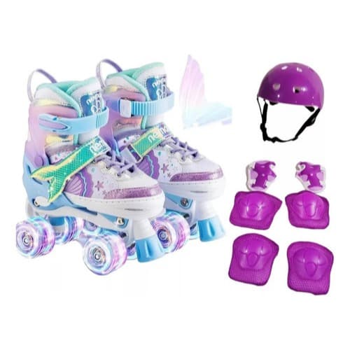 Patins Quad Sereia rodas de led tamanho regulável + kit de proteção Roxo