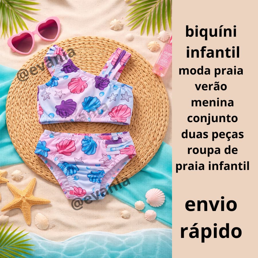 Biquíni Infantil Juvenil Colorido Menina | Roupa de Praia Kids | Estampa Conchas | Envio Rápido 6 a 16