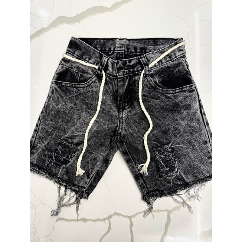 Shorts Bermuda Jeans Infantil Juvenil Rasgado com cordão Grafite Marmorizada Premium