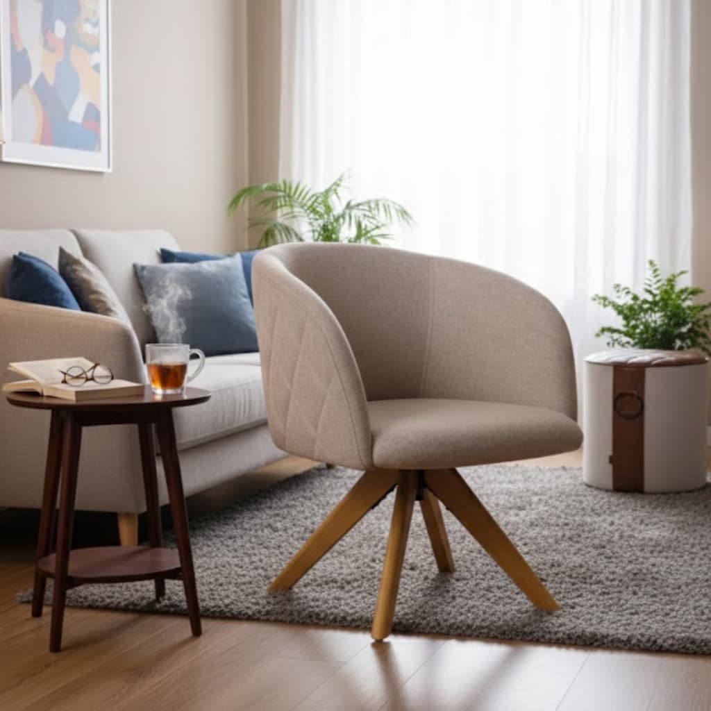 Poltrona Decorativa Giratória Concha de Luxo em Linho Base de Madeira Premium