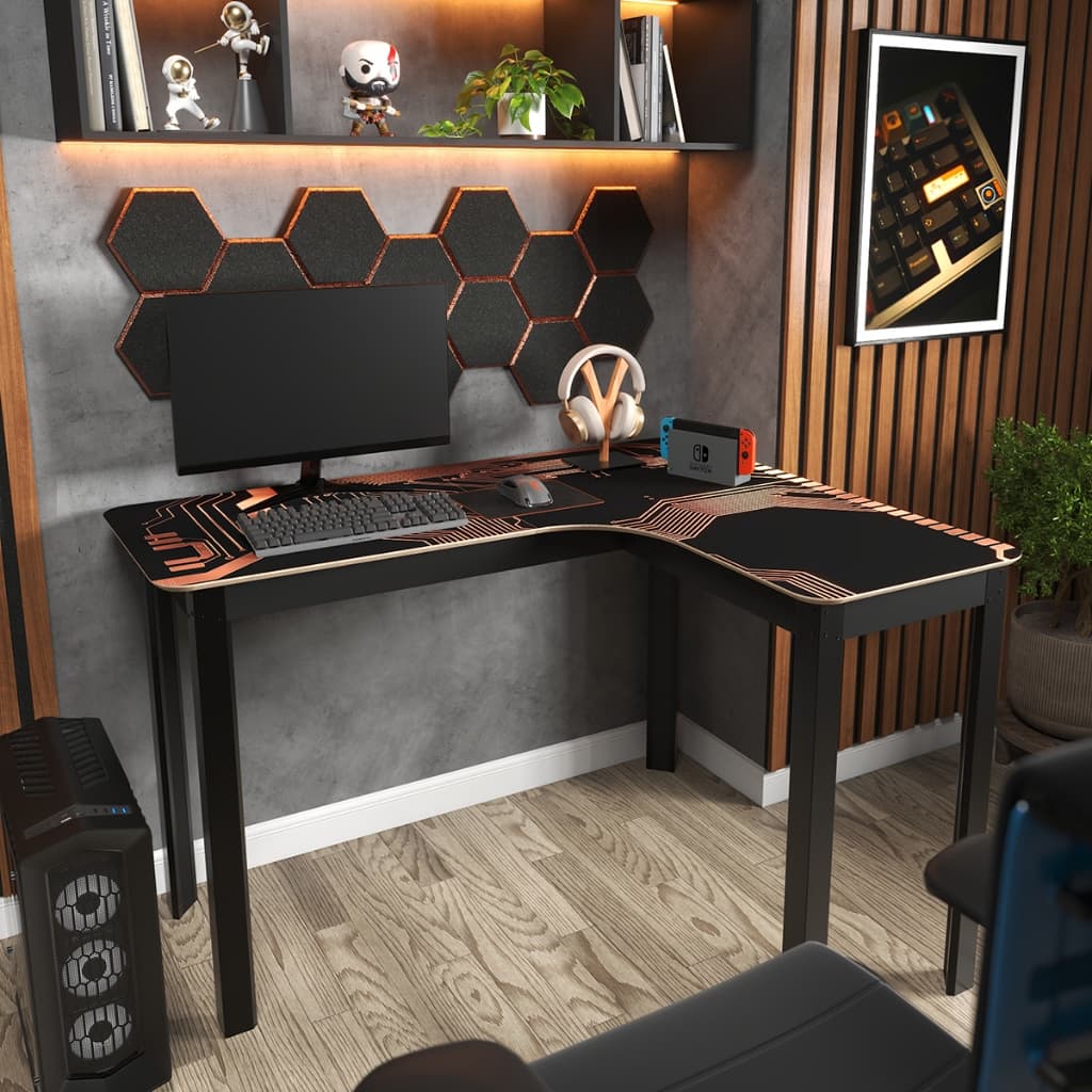 Mesa Gamer Futurista Design Curvo Formato Em L 120cm Para Setup Geek Estampa Circuit Industrial Com Bordas Arredondadas