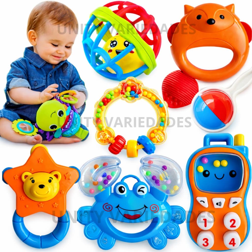 Kit Chocalho Bebê Sensorial Interativo Com Som Brinquedo Educativo Infantil Bebe 5 Peças