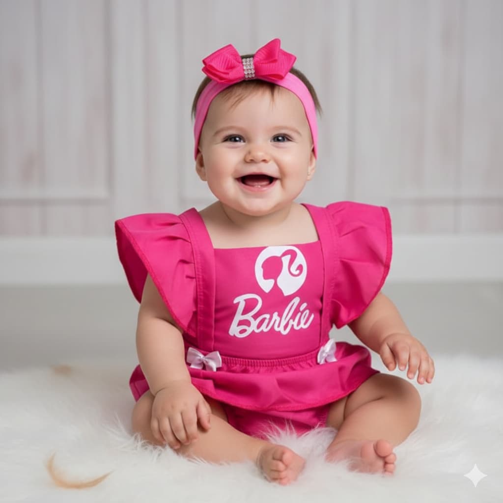 Vestido Infantil Barbie Baby Temático Mesversário Romper Barbi Personagens Roupa De Bebe Bori Bore Body Jardineira