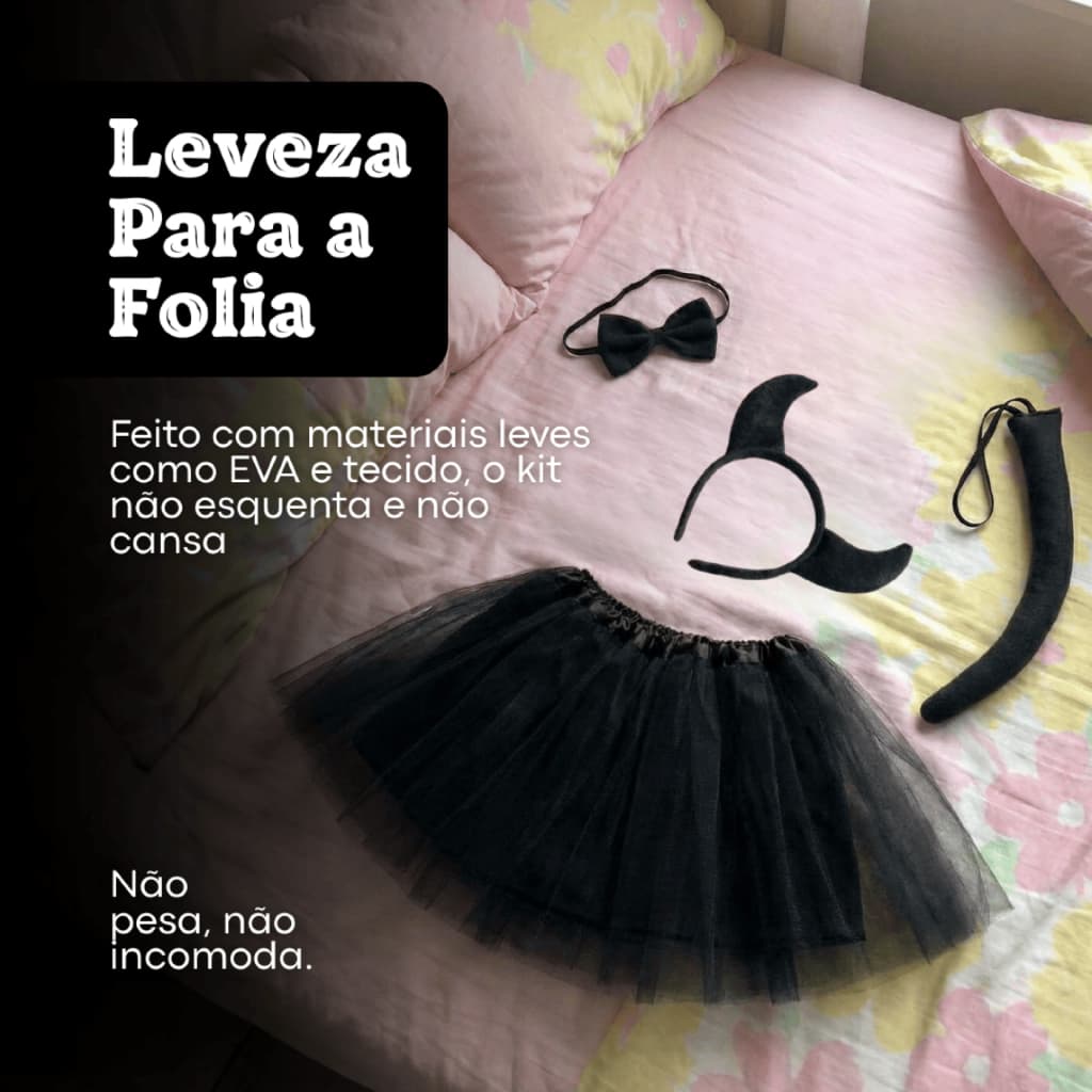 Kit Fantasia Diabinha Sensual Diabinho Bloco Carnaval Gatinho Feminina Tiara Saia Tule Laço Rabinho