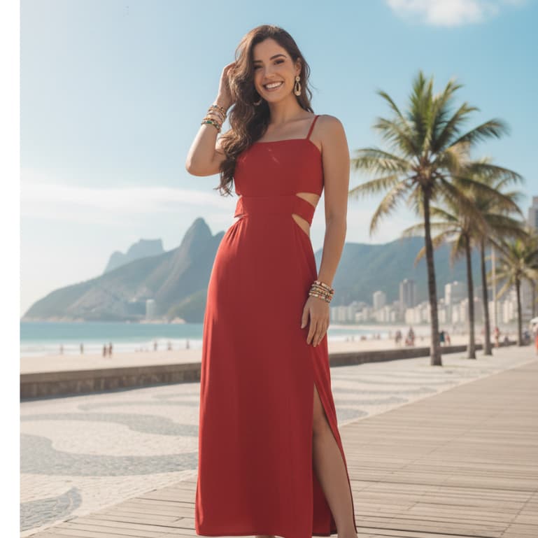 Vestido Longo Verão Viscolinho Fresquinho  Look Praia, Viagem  Com Fenda e Bojo Tropical