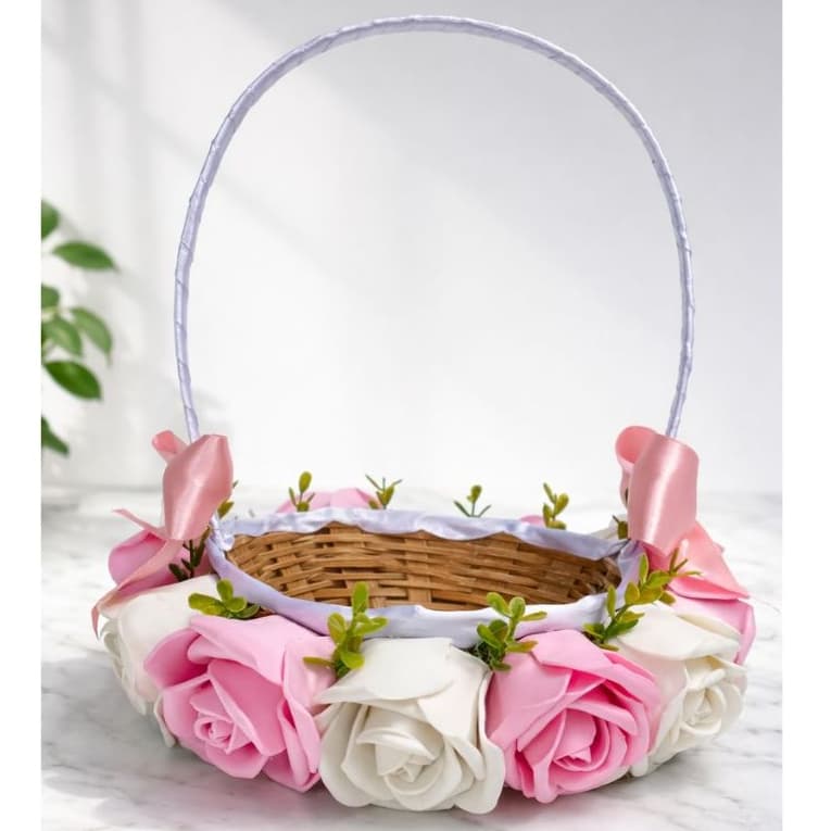 Cesta para Florista  Vime com Flores Rosa e Branco Presente, Lembrancinha, Casamento e Decoração