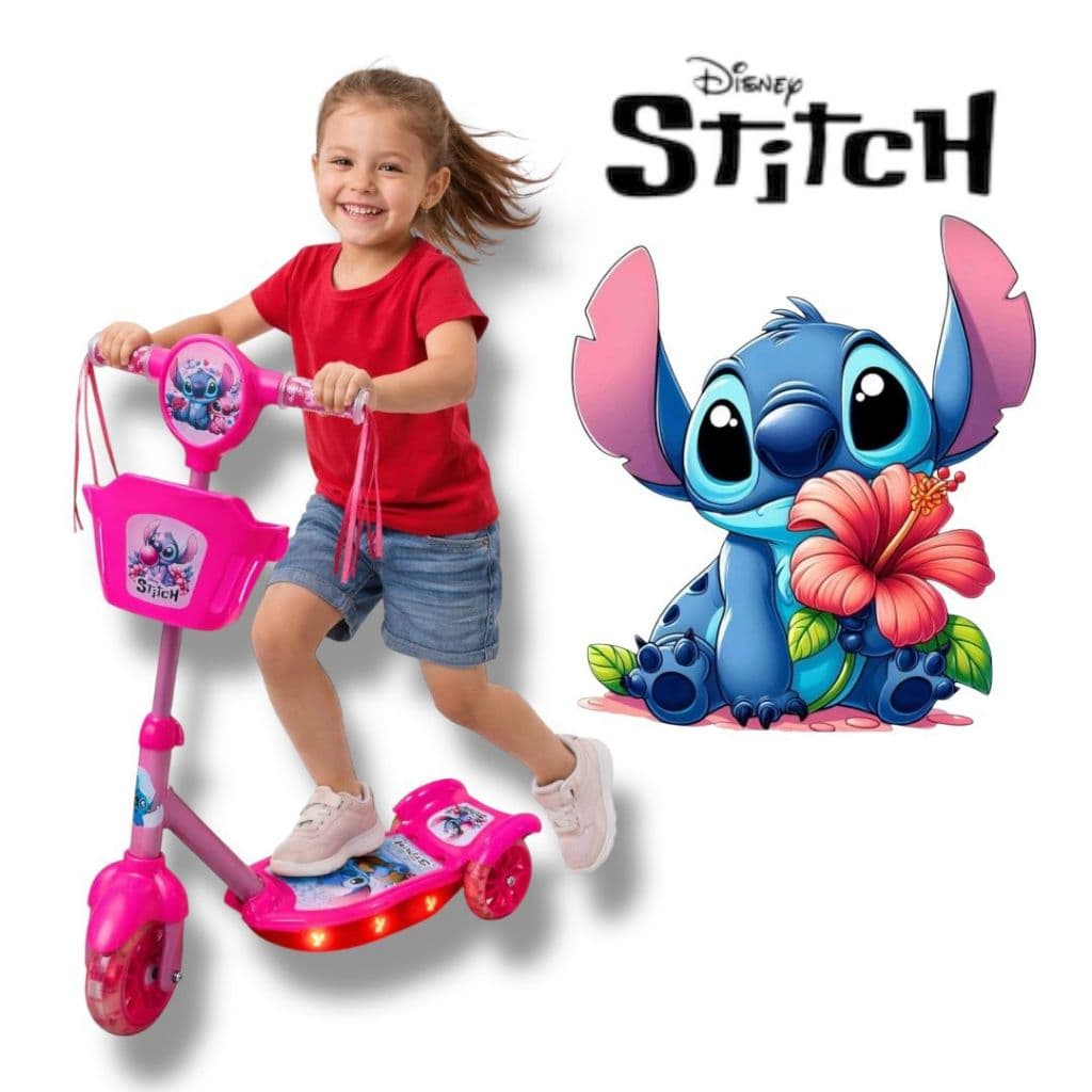 Patinete Scooter Infantil Stitch Rosa Musical Cesta Luzes 3 Rodas