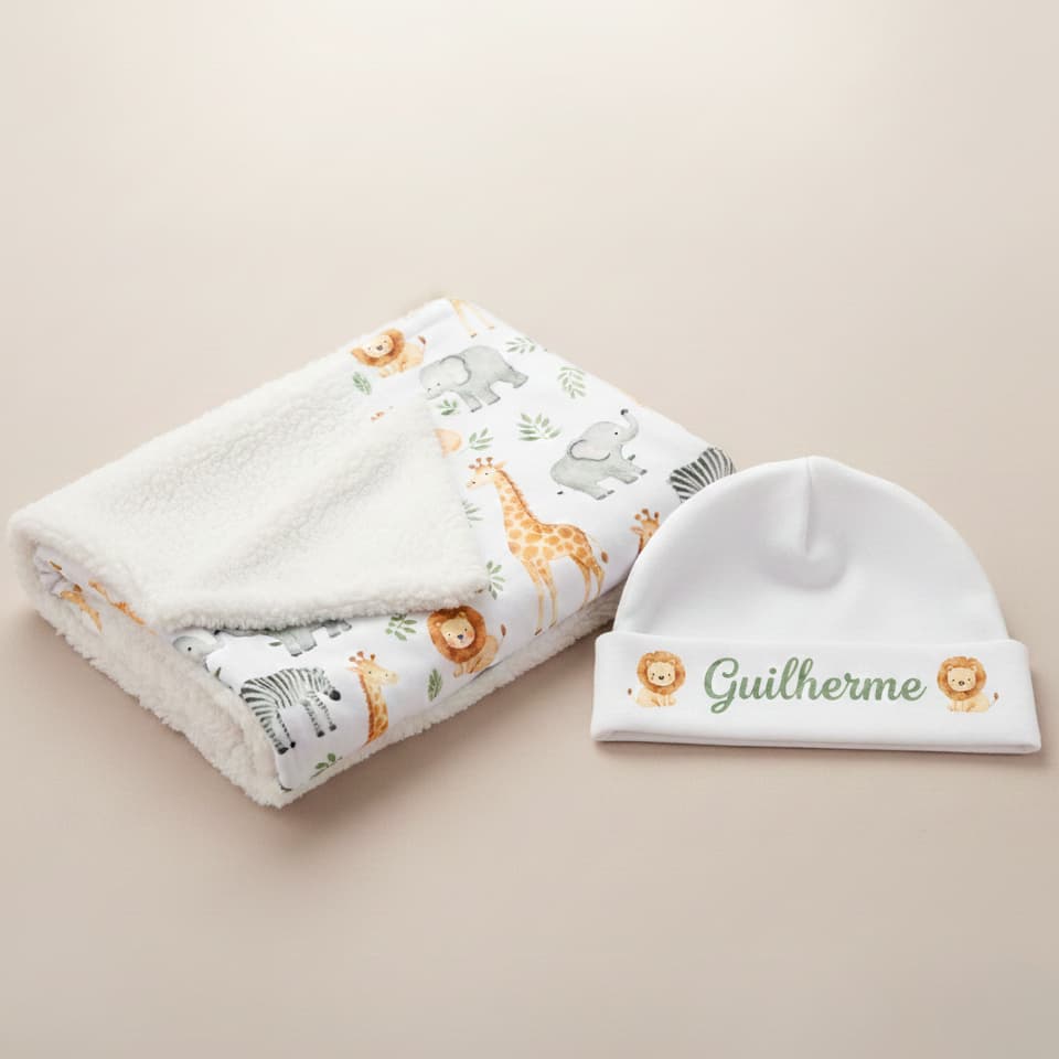 Manta e Touca Para Bebê Personalizada Com Nome Estampas Fofas Enxoval Mantinha Saída de Maternidade Recém Nascido