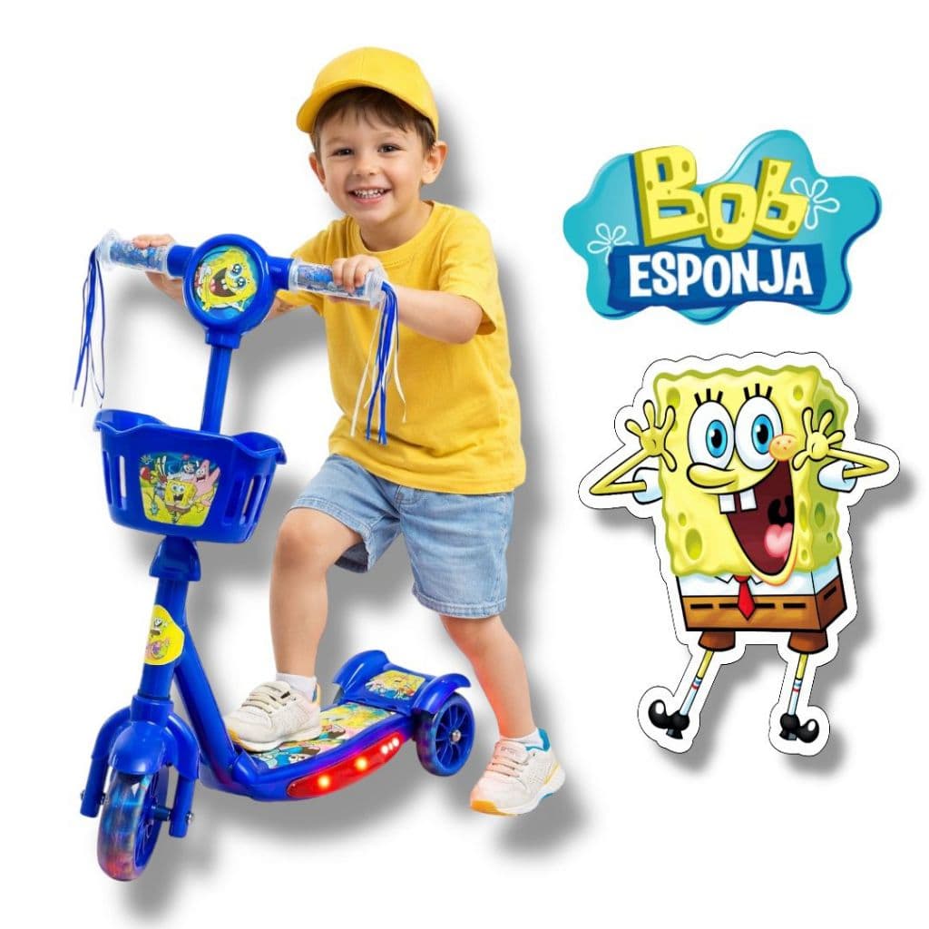 Patinete Bob Esponja Cestinha Azul infantil 3 rodas Som e Luzes