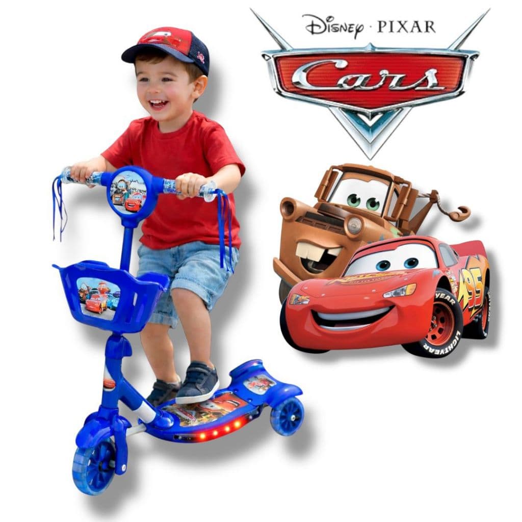 Patinete Infantil Cesta Carros Mcqueen 3 Rodas Leds - Musical