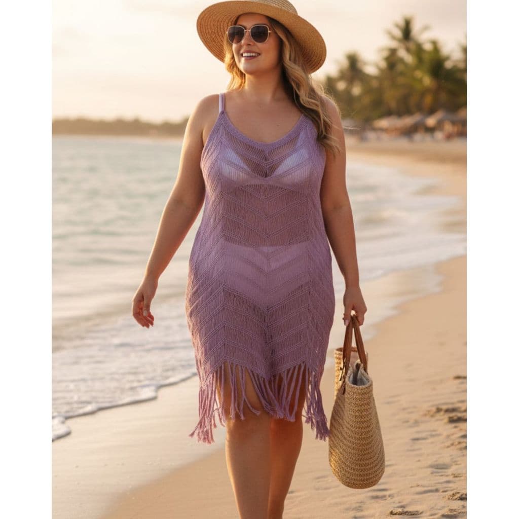 Saída de Praia Plus Size Vestido Tricot Praia Franja Crochê Vazado Casual Elegante Moda Verão