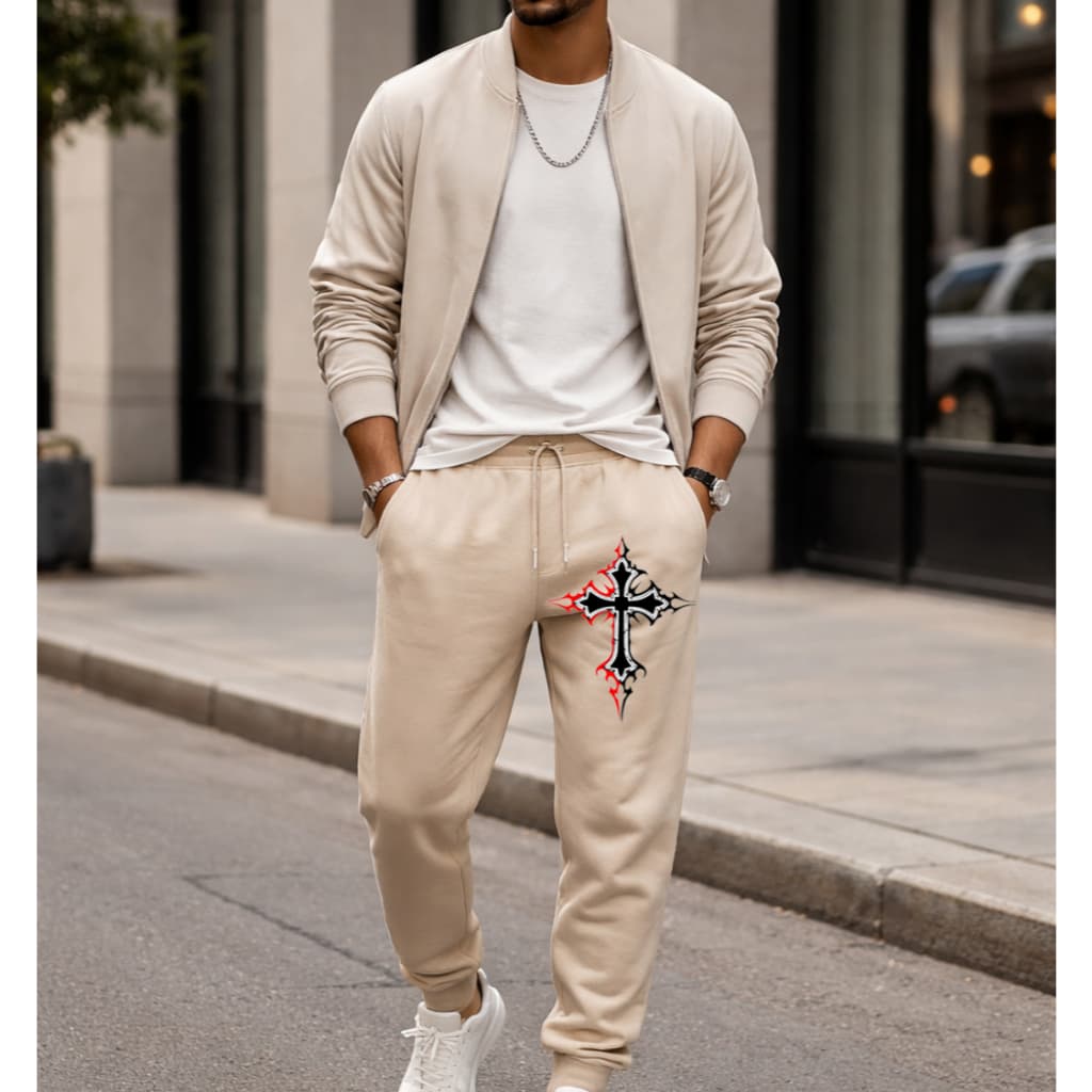 Calça Moletom Masculina Estampa Cruz Sagrada Traços Vermelho Linda Abrigo De Frio Estiloso