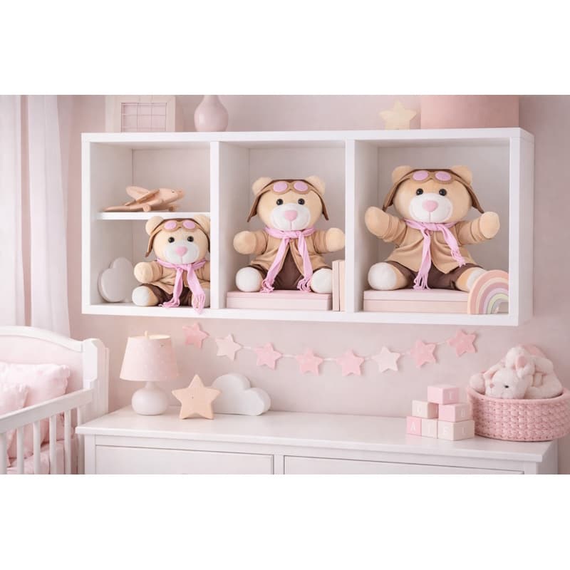Conjunto de Ursinhos Aviadores Rosa para Nichos – Decoração Quarto de Bebê