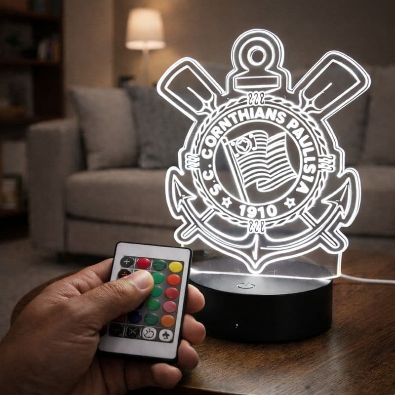 Luminária de LED do CORINTHIANS - Luz no Acrílico - Base PRETA ou BRANCA - Com CONTROLE REMOTO