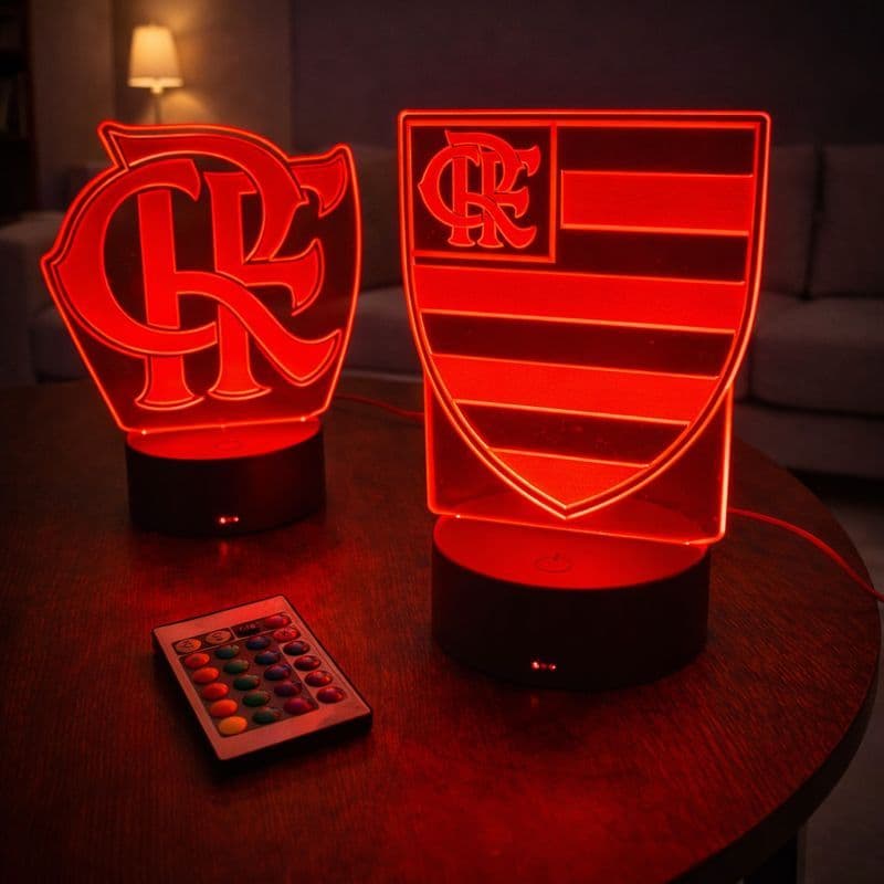 Luminária de led MENGÃO - Luz no Acrílico - Base PRETA ou BRANCA - C/ CONTROLE REMOTO