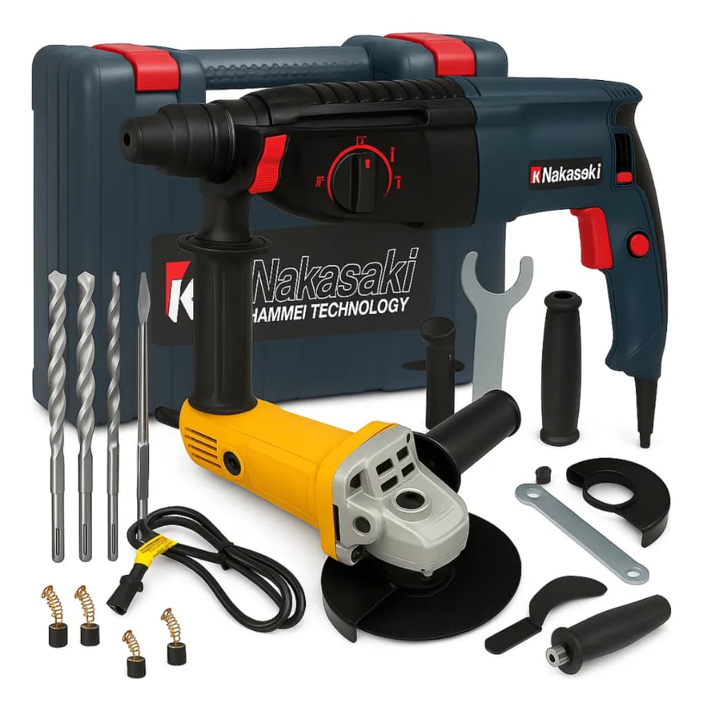 KIT MARTELETE PERFURADOR FURADEIRA AUTO REVERSO ROMPEDOR 12000W COM MALETA + ESMERILHADEIRA LIXADEIRA 1000W NAKASAKI